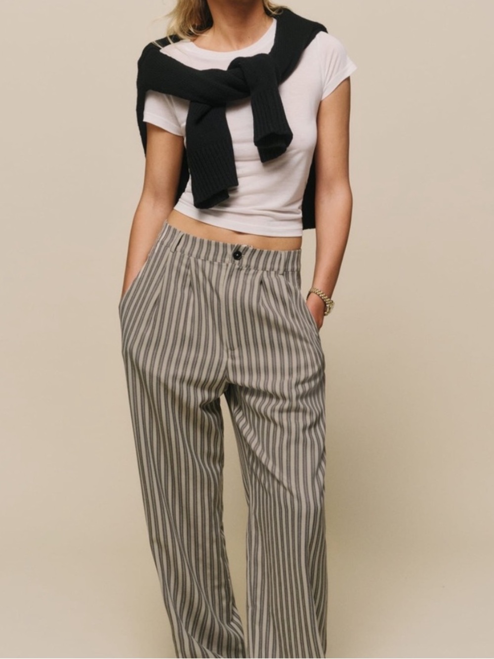 Reformation Mason Pant - Striped High-Waist Wide Leg Pants in Gray & Cream